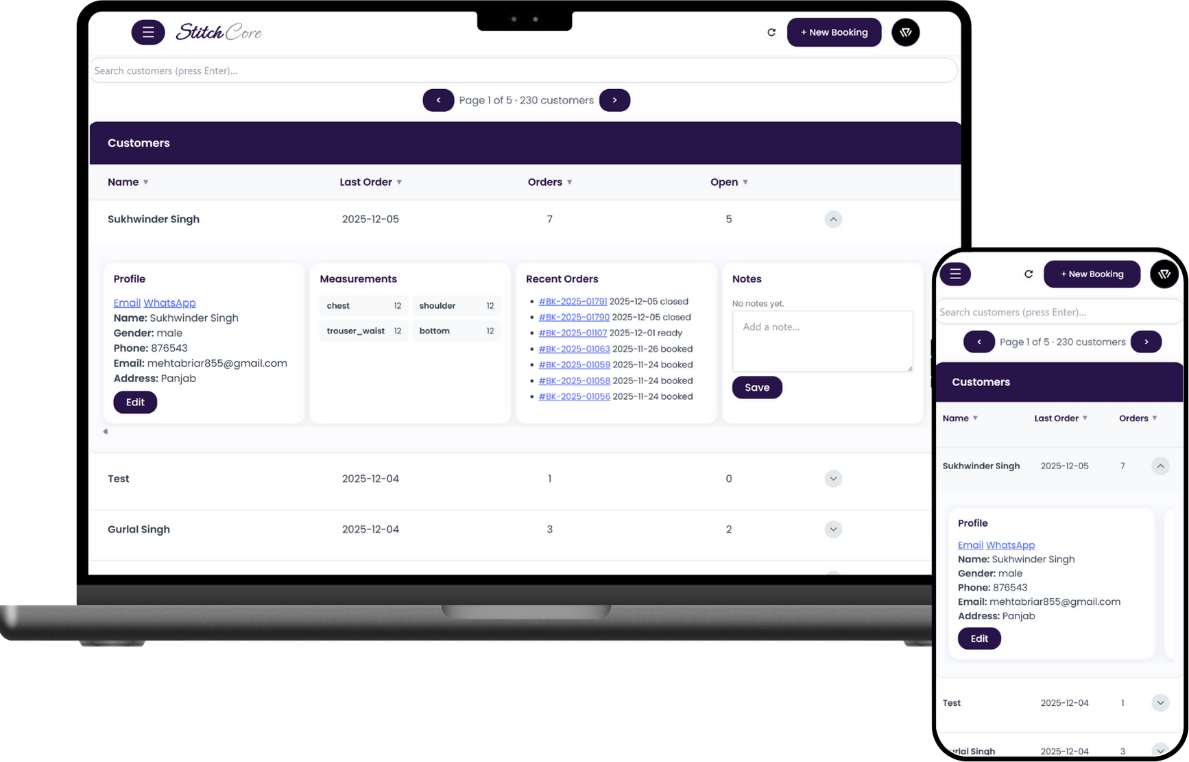 Customer profile / measurements / history