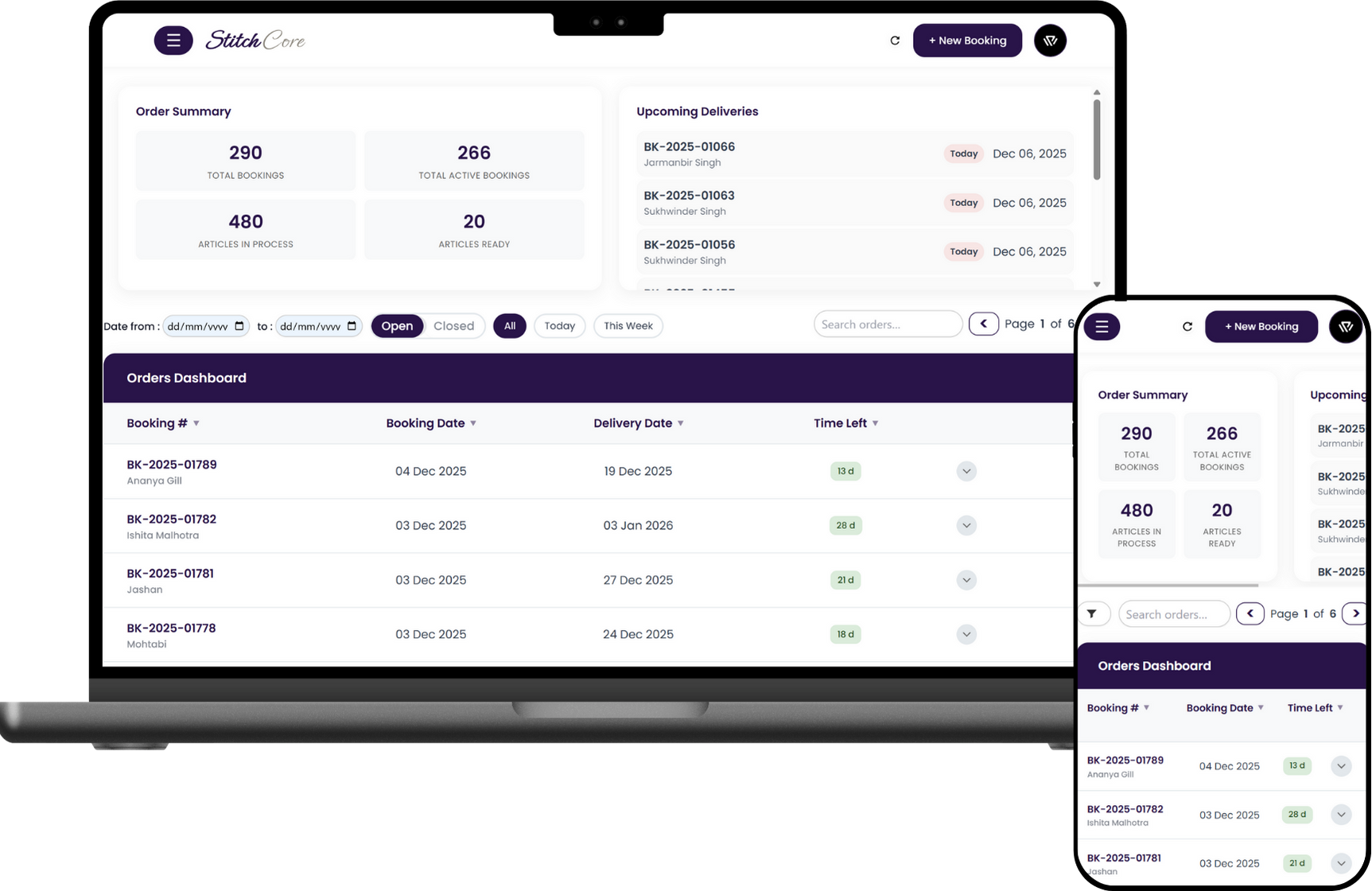 Orders dashboard / status timeline