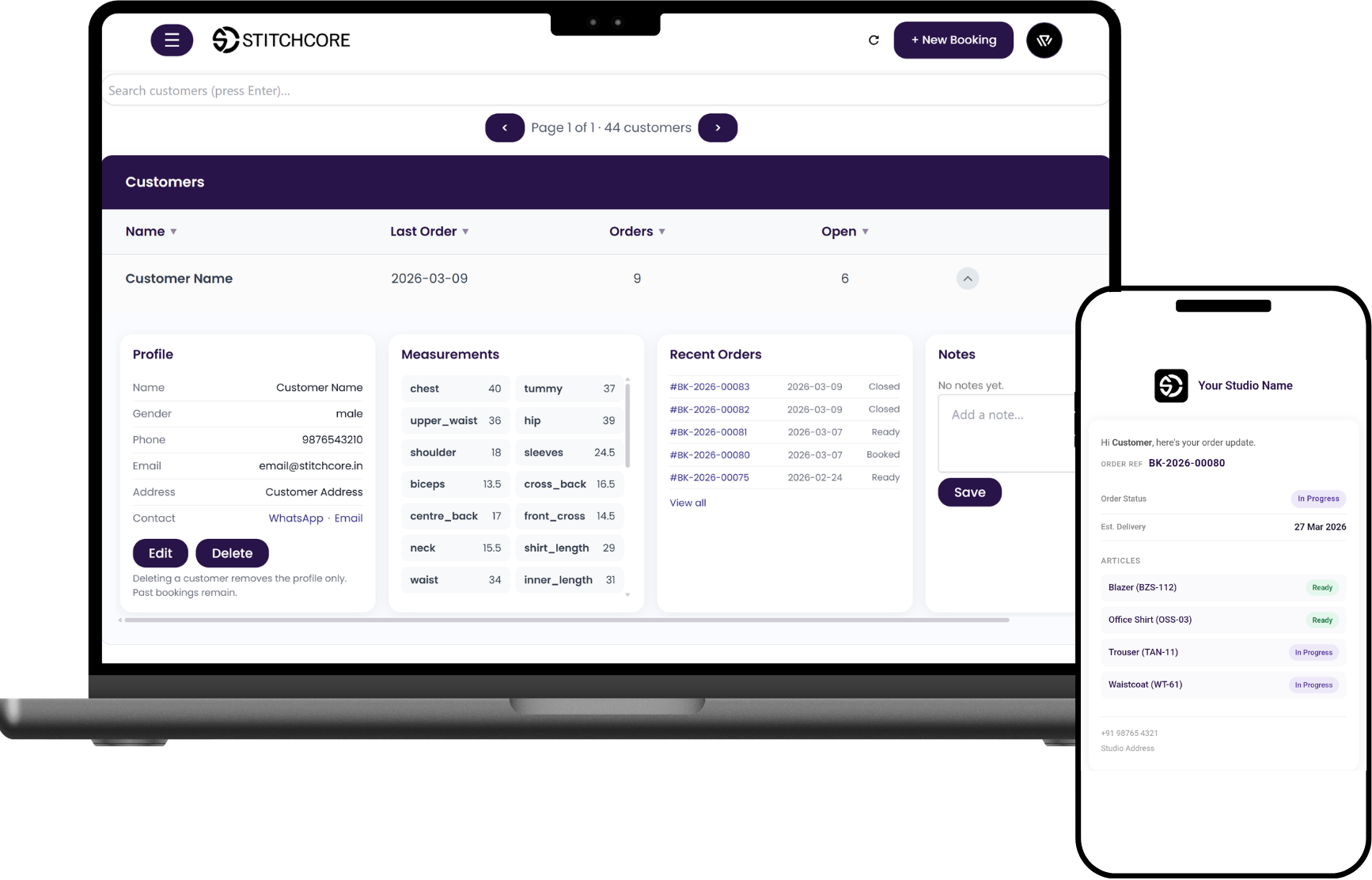 StitchCore customer profile with measurements order history and WhatsApp tracking link