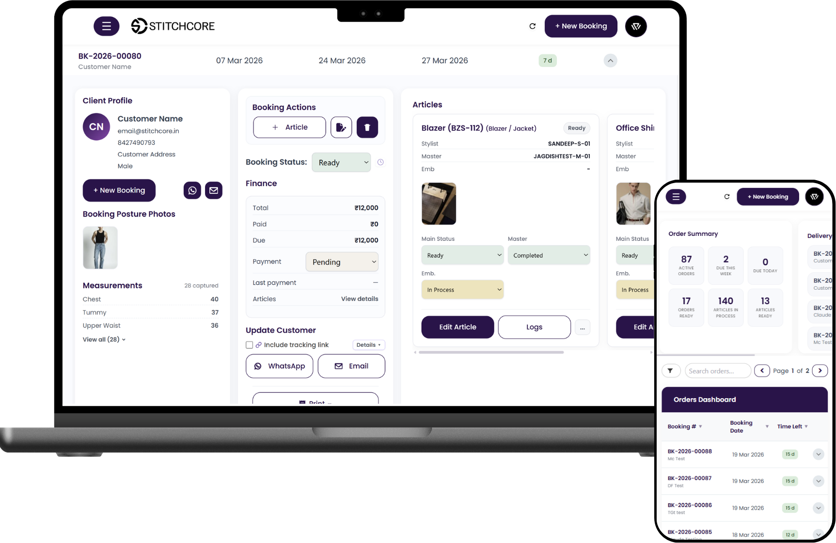 StitchCore bespoke tailoring order management dashboard showing garment status tracking