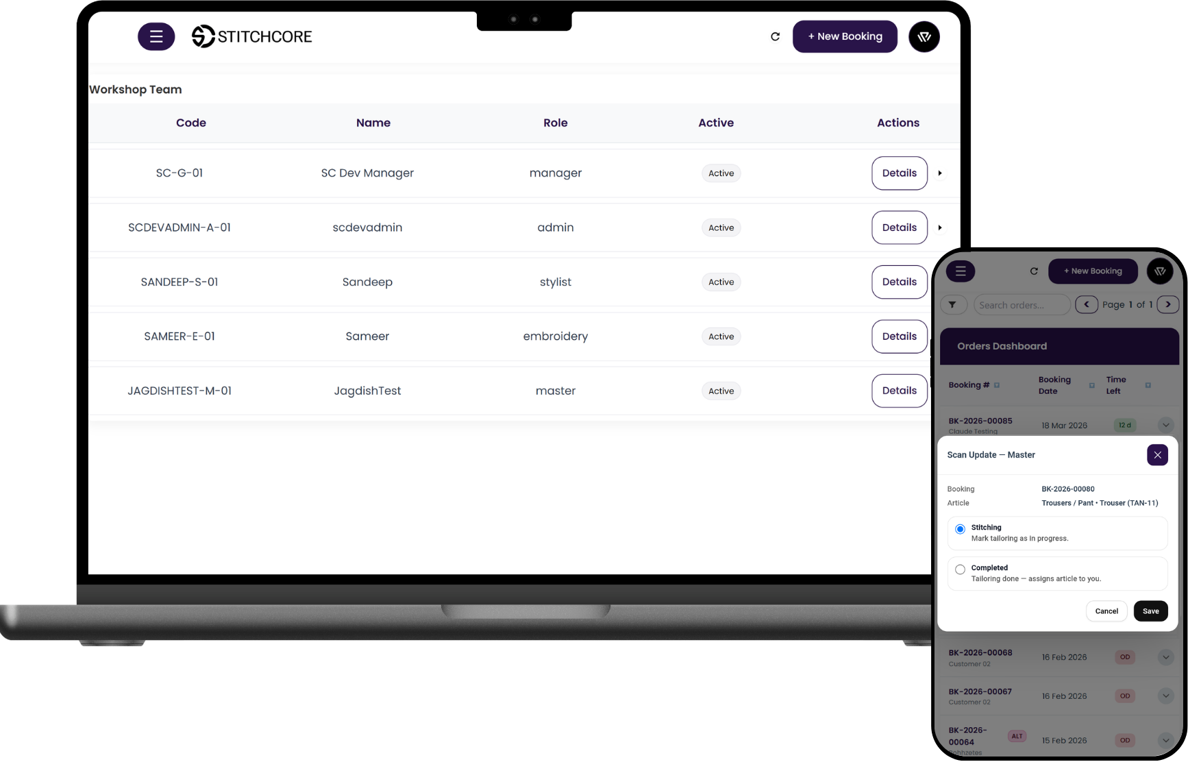 StitchCore team management showing role-based access and garment assignments for tailoring studio