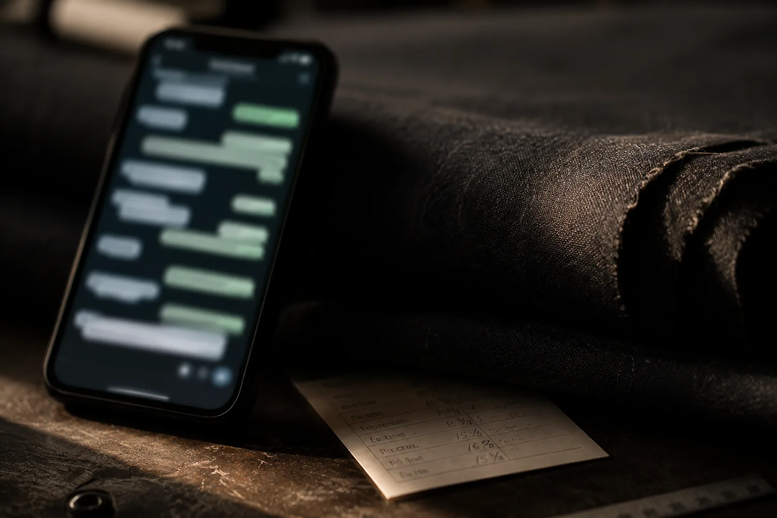 A paper measurement card half-buried under fabric beside a phone full of unread messages