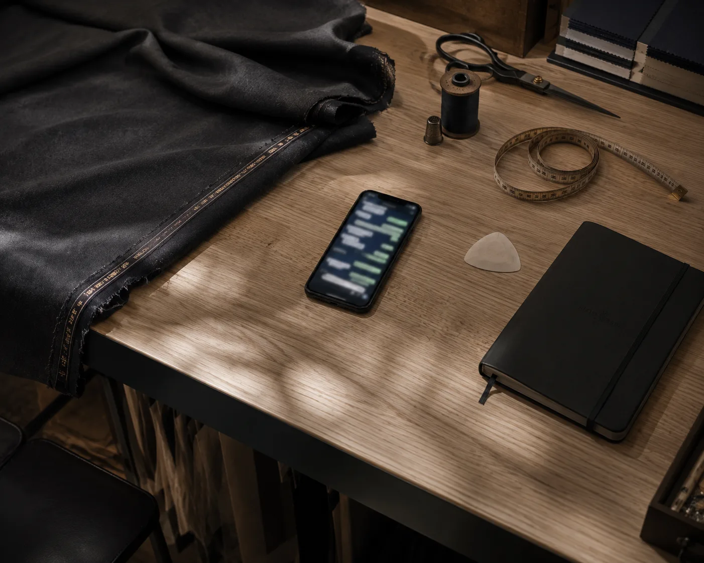 A smartphone on a tailor's cutting table beside folded suiting, chalk and a measuring tape