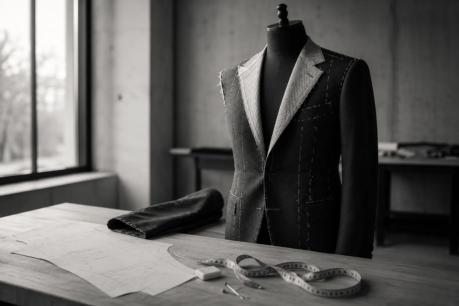 A single half-made bespoke suit jacket on a black tailor's form beside a paper pattern and a coiled tape measure in a modern atelier