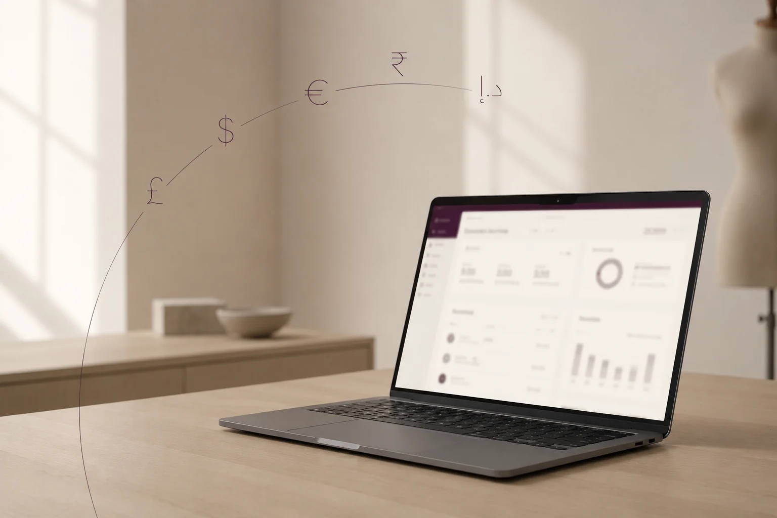 A laptop showing the StitchCore dashboard on a pale-oak desk in an airy sunlit atelier, a tailor's dress form softly out of focus behind it, with the pound, dollar, euro, rupee and dirham currency symbols drawn as a fine arc above it